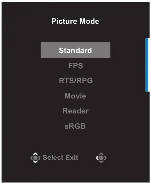 Picture Mode Standard FPS RTS/RPG Movie Reader sRGB Select Exit