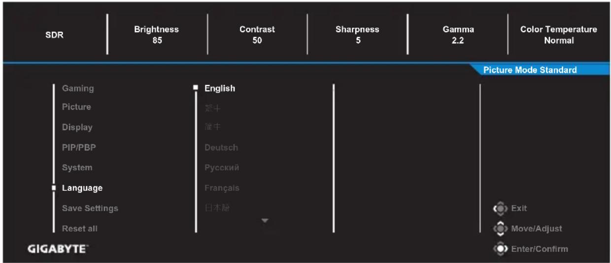 SDR Brightness 85 Contrast 50 Sharpness 5 Gamma 2.2 Color Temperature Normal Picture Mode Standard Gaming Picture Display PIP/PBP System Language Save Settings Reset all English 繁中 简中 Deutsch Русский Français 日本語 Exit Move/Adjust Enter/Confirm GIGABYTE™