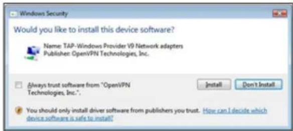 Windows Security Would you like to install this device software? Name: TAP-Windows Provider V9 Network adapters Publisher: OpenVPN Technologies, Inc. Always trust software from "OpenVPN Technologies, Inc." . You should only install driver software from publishers you trust. How can I decide which device software is safe to install!