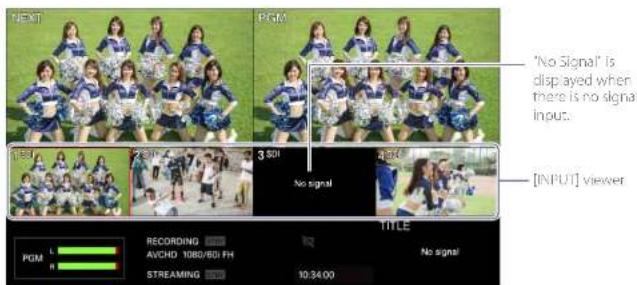 "No Signal" is displayed when there is no signal input. [INPUT] viewer 1:50 2:50 3:50! 4:50 10:34:00 TITLE PGM L R RECORDING AVCHD 1080/601 FH STREAMING No signal No signal