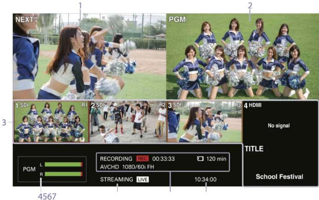 NEXT PGM 1 SDI R1 2 SDI R2 3 SDI R3 4 HDMI No signal TITLE PGM L R RECORDING REC 00:33:33 120 min AVCHD 1080/60i FH STREAMING LIVE 10:34:00 School Festival 4567