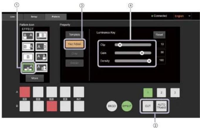Live Setup Pattern ① ③ ④ Connected English Pattern Icon EFFECT Property Template Key Adjust Luminance Key Reset Clip 10 56 Density 100 A B C D E F G H I J K L M N O P Q R S T U V W X Y Z A B C D E F G H I J K L M N O P Q R S T U V W X Y Z A B C D E F G H I J K L M N O P Q R S T U V W Y Z
