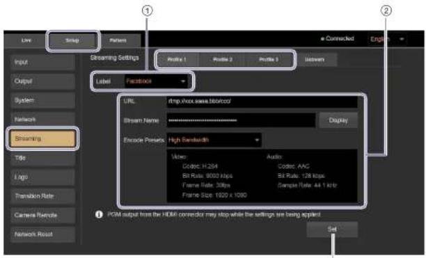 Line Setup Pattern e Connected English Input Output System Network Streaming Label Facebook URL: ring shot area browser Stream Name: ******** Display Eraode Presets: High Bandwidth Video: Audio: Codec: H1284 Bil Rute: 9000 kbps Bil Rute: 128 kbps Frame Rate: 30fps Sample Rate: Alt 1 Kb/s Frame Size: 1920 x 1000 PCM output from the HDMI connector may stop while the settings are being applied Set