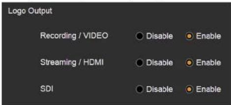 Logo Output Recording / VIDEO Disable Enable Streaming / HDMI Disable Enable SDI Disable Enable
