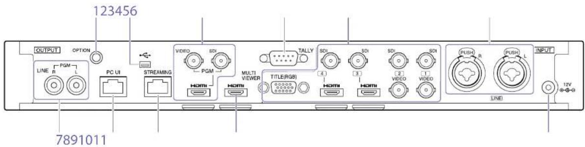 123456 OUTPUT OPTION LINE PGM PC UI STREAMING VIDEO SDI PGM HDMI HDMI MULTI VIEWER TITLE(RGB) TALLY SDI 4 3 SDI 2 VIDEO 1 VIDEO PUSH R PUSH L INPUT LINE 7891011 12V