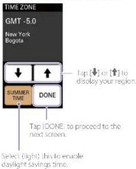 TIME ZONE GMT -5.0 New York Bogota ↓ ↑ SUMMER TIME DONE Tap [↓] or [↑] to display your region. Tap IDONE: to proceed to the next screen. Select (light) this to enable daylight savings time.