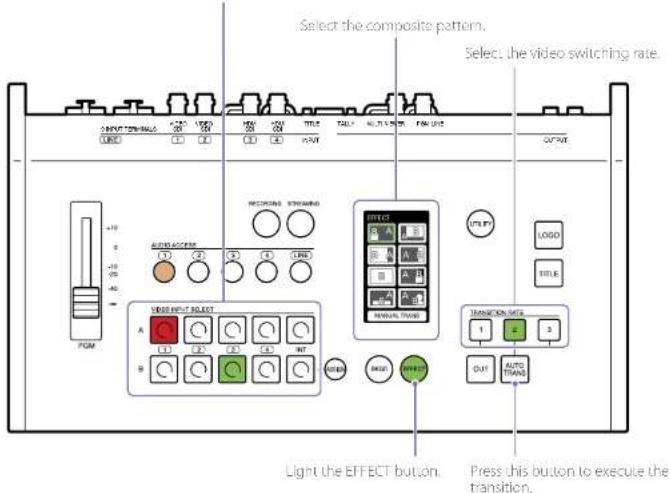 Select the composite pattern. Select the video switching rate. VOLUME COMPRESS OUTPUT VOLUME COMPRESS OUTPUT SELECTING STREAMING AUDIO ACCESS AUDIO TRANSPORTS TRANSITION DATA 1 2 3 OUT AUTO TRANS LIGHT THE EFFECT BUTTON. Press this button to execute the transition.