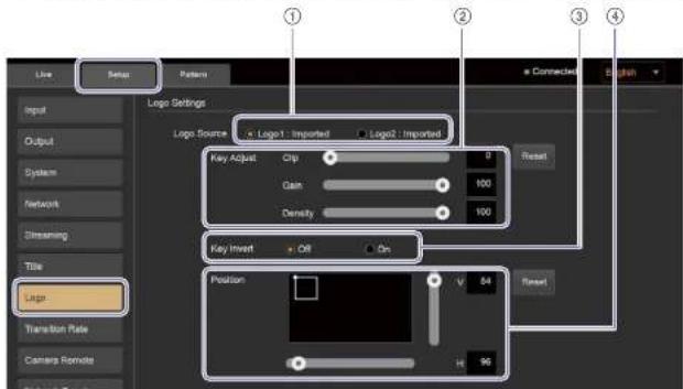 Line Setup Pattern Input Output System Network Streaming Title Logo Transition Rate Camera Remote Network Reset Logo Settings Logo Source Logo1 Imported Logo2 Imported Key Adjust Clip 0 Gain 100 Density 100 Key Invert Off On Position V 84 Reset 96