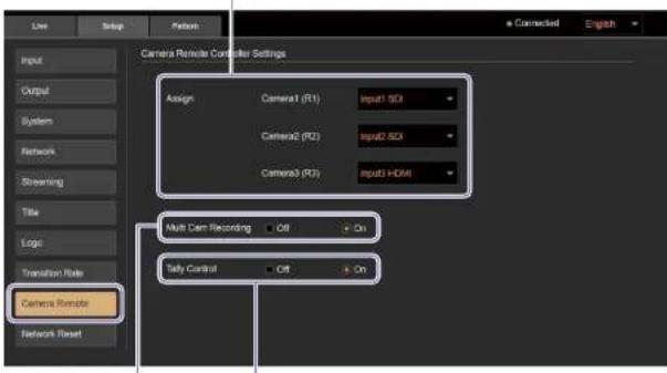 Line Setup Pattern Connected English Camera Remote Controller Settings Input Output Systems Network Streaming Title Logo Transition Rate Camera Remote Network Reset Assign Camera1 (R1) Input1 SDI Camera2 (R2) Input2 SDI Camera3 (R3) Input3 HDSE Multi Cam Recording Off On Daily Control Off On