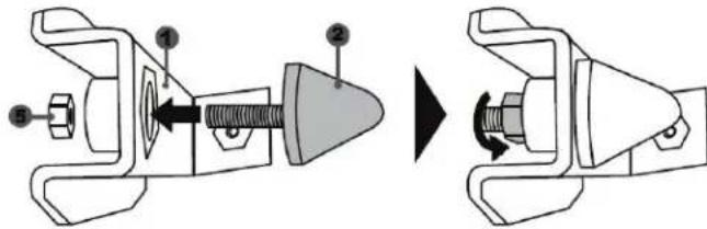 Technical diagram showing mechanical assembly with labeled parts and directional arrow indicating rotation or transformation