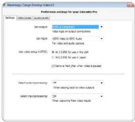 Blackmagic Design Desktop Video 8.0 Preference settings for your Internuity Pro Settings Video Levels Audio Levels Set outputs CMI & Component Video type on output connections Set inputs HDMI Video & HDMI Audio For videos and audio capture Use video setup in NTSC At 3.5 IRE for use in the USA At 0.3 IRE for use in Japan Remove field jitter when video is paused Select output processing Off When playing back to video outputs Select input processing Off When capturing from video inputs