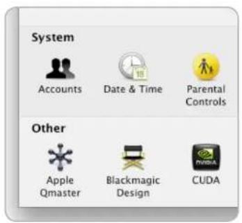 System Accounts Date & Time Parental Controls Other Apple Qmaster Blackmagic Design CUDA