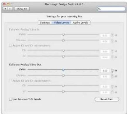 Macromedia Design Deck 8.0 Show All Settings for prior intensity Pro Settings > Video Levels > Audio Levels Calibrate Analog Video In Video Chroma Adjusted Ch and Cr Independentity Cr Cr Calibrate Analog Video Out Video Chroma Adjusted Ch and Cr Independentity Cr Cr Use Between YUV Levels Reset Gain