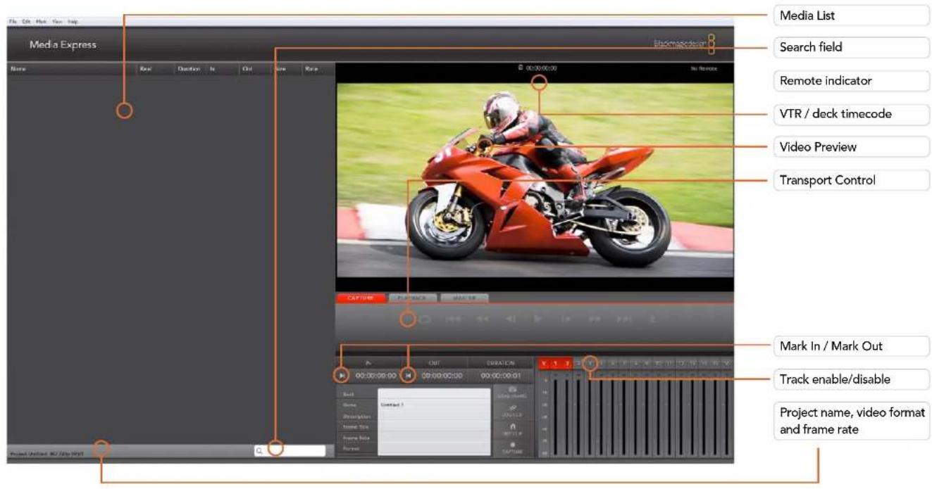 Media Express Name Read Duration In Out View Rate 00:00:00:00 No Remove Media List Search field Remote indicator VTR / deck timecode Video Preview Transport Control CAPTURE POSTAGE MARK OUT Mark In / Mark Out Track enable/disable Project name, video format and frame rate Project Unlaced: 102/25/2019