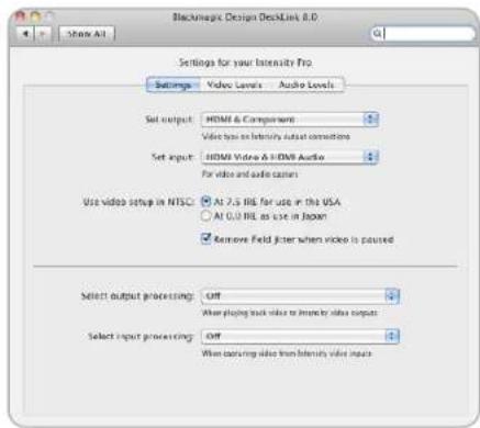 BlackLogic Design DeckLink 8.0 Settings for your Intensity Flo Settings Video Levels Audio Levels Set output: HEMN & Compartment Video type as Intensity, audio commands Set input: HEMN Video & HEMN Audio For video and audio commands Use video setup in NTSC: ● At 7.5 IRE for use in the USA ○ At 0.0 IRE as use in Japan ✓ Remove Field filter when video is paused Select output processing: OFF When playing track video to ensure by video inputs Select input processing: OFF When matching video from Intensity video inputs