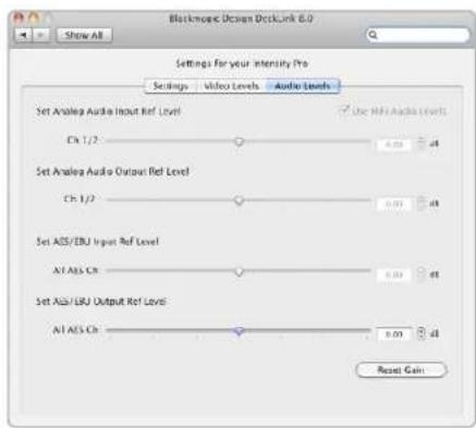 Blackmopic Design DiskLink 8.0 Show All Settings For your Intensity Pro Settings Video Levels Audio Levels Set Analog Audio Input Ref Level Ch 1/2 0.00 44 Set Analog Audio Output Ref Level Ch 1/2 0.00 44 Set A/S/EBU Input Ref Level Alt ABS Ch 0.00 44 Set A/S/EBU Output Ref Level Alt ABS Ch 0.00 44 Reset Gain