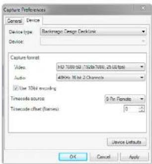 Capture Preferences General Device Device type: Backmagic Design DeckLink Device: Capture format Video: HD 1000-50 (192Gb/100Hz, 25.0U/tpa) Audio: 48MHz 16 bit 2 Channels Use 10bit encoding Timecode source: 9 Pin Remote Timecode offset (f/kies): 0 Service Defaults OK Cancel Apply