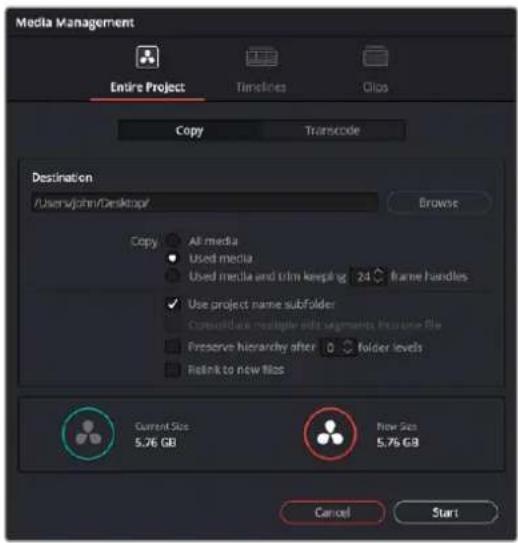 Media Management Entire Project Tensions Olos Copy Transcode Destination /Users/john/Desktop/ Browse Copy All media Used media Used media and film keeping 24 frame handles Use project name subfolder Consolidate multiple edge segments including file Preserve hierarchy after 0 Folder levels Retink to new files Current Size 5.76 GB New Size 5.76 GB Cancel Start