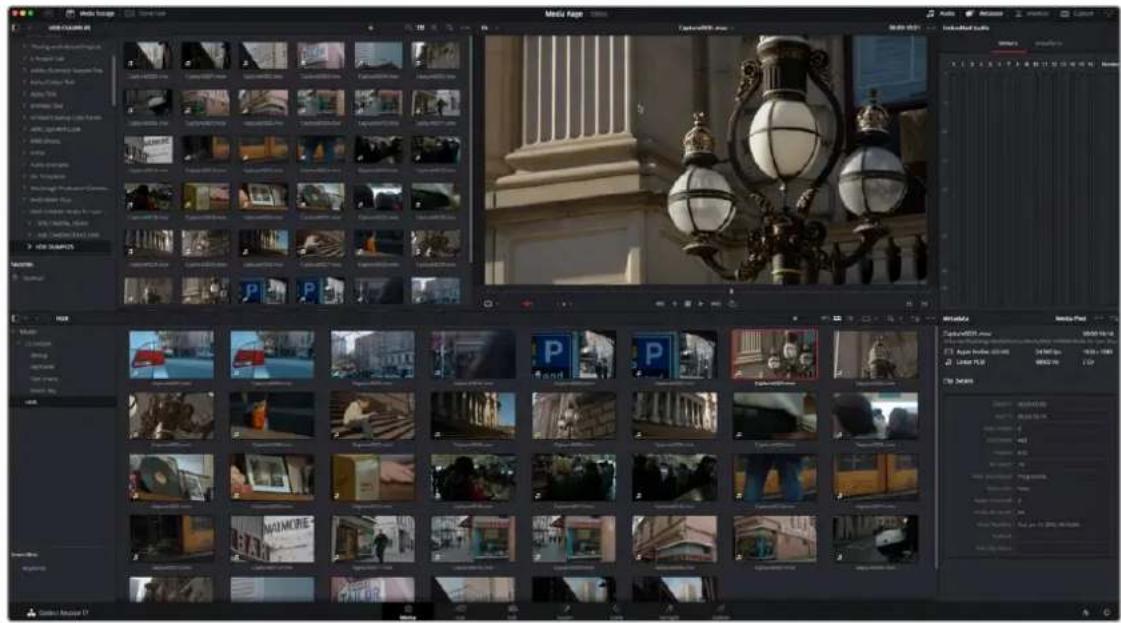 Screenshot of a video editing software interface displaying a timeline with multiple video thumbnails and a large central image of a classical building.