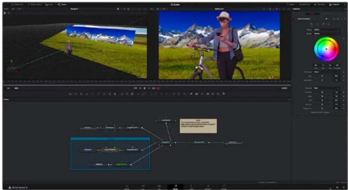 Screenshot of video editing software interface showing landscape and camera settings with a user interface displaying a pipeline graph.
