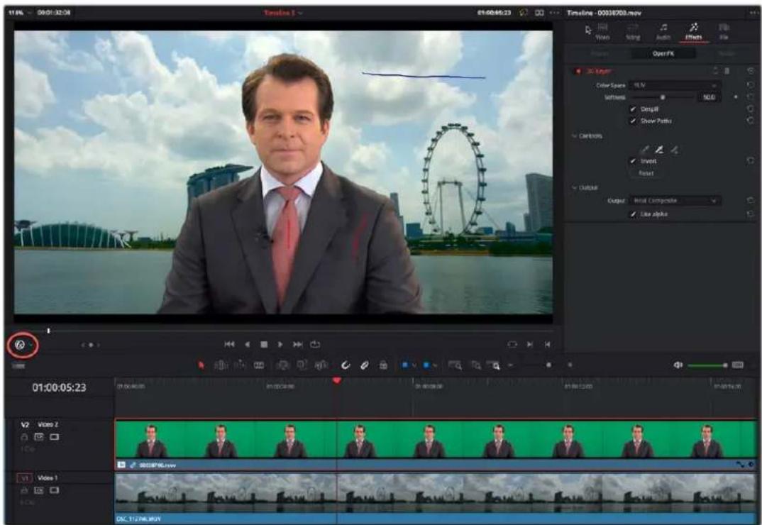 11/01 09:01:32:01 Timeline 1 01:00:05:23 01:00:05:23 Video Siding Audio Effects File Open Film Color Space 16.5V Softbox 16.0 ✓ Design ✓ Show Paths Controls ✓ Invest ✓ Reset Output: Final Composite ✓ Use alpha 01:00:05:23 V2 Video Z ICo v1 Video 1 OK T12ML.MOV