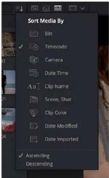 Sort Media By Bin Timecode Camera Date Time Aa Clip Name Scene, Shot Clip Color Date Modified Date Imported Ascending Descending