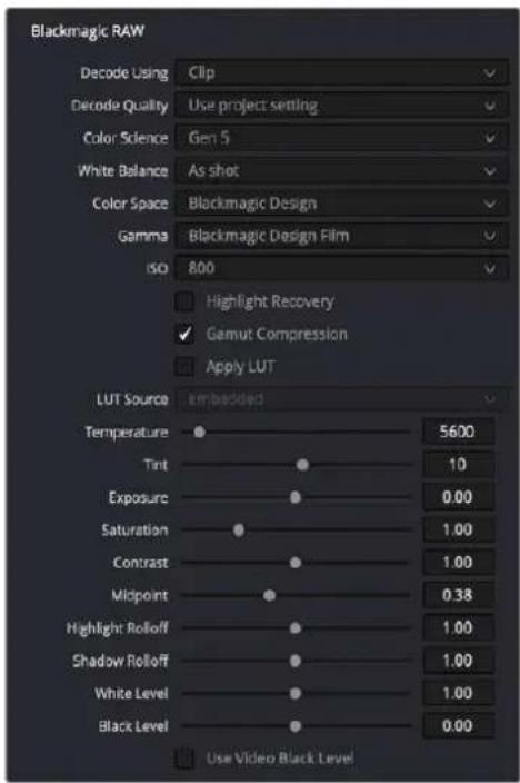 Blackmagic RAW Decode Using Clip Decode Quality Use project setting Color Science Gen 5 White Balance As shot Color Space Blackmagic Design Gamma Blackmagic Design Film ISO 800 Highlight Recovery Gamut Compression Apply LUT LUT Source embedded Temperature 5600 Tint 10 Exposure 0.00 Saturation 1.00 Contrast 1.00 Midpoint 0.38 Highlight Rolloff 1.00 Shadow Rolloff 1.00 White Level 1.00 Black Level 0.00 Use Video Black Level
