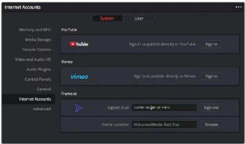 Internet Accounts System User Memory and GPU Media Storage Decode Options Video and Audio I/O Audio Plugins Control Panels General Internet Accounts Advanced YouTube YouTube Sign In to publish directly to YouTube Sign In Vimeo vimeo Sign In to publish directly to Vimeo Sign In Frame.io Signed in as Sign out Cache Location Volumes/Media Raid Too Browse