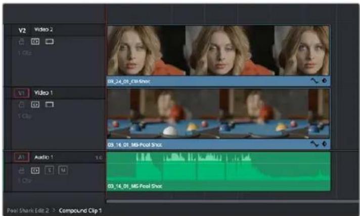 V2 Video 1 1 Clip V1 Video 1 1 Clip A1 Audio 1 3.6 G S M 1 Clip 08_24.01_CIB-Shock 05_16.01_MG-Pool-Shock 03_16.01_MG-Pool-Shock Pool Shark Edit 2 > Compound Clip 1