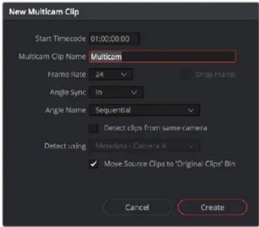 New Multicam Clip Start Timecode 01:00:00:00 Multicam Clip Name Multicam Frame Rate 24 Drop Frame Angle Sync In Angle Name Sequential Detect clips from same camera Detect using Metadata - Camera # Move Source Clips to 'Original Clips' Bin Cancel Create