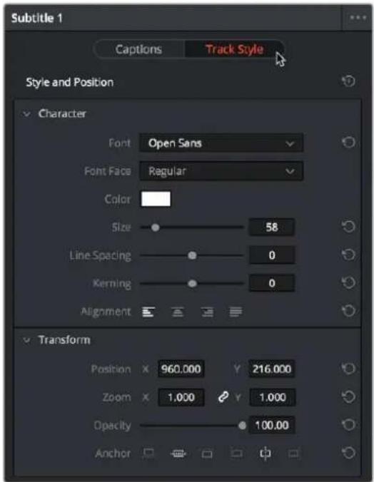 Subtitle 1 Captions Track Style Style and Position Character Font Open Sans Font Face Regular Color Size 58 Line Spacing 0 Kerning 0 Alignment Transform Position X 960.000 Y 216.000 Zoom X 1.000 Y 1.000 Opacity 100.00 Anchor