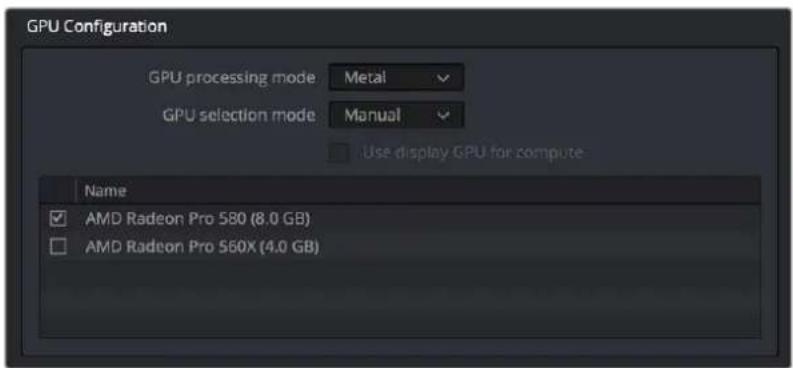GPU Configuration GPU processing mode Metal GPU selection mode Manual Use display GPU for compute Name AMD Radeon Pro 580 (8.0 GB) AMD Radeon Pro S60X (4.0 GB)