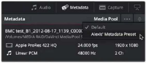 Audio Metadata Capture Metadata Media Pool Default Alexis' Metadata Preset BMC test_B1_2012-08-17_1139_C0000 /Volumes/MEDIA RAID/DaVinci Media/Pool S Apple ProRes 422 HQ Linear PCM 24.000 fps 48000 Hz 1920 x 1080 2 Ch