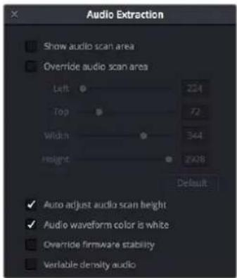 Audio Extraction Show audio scan area Override audio scan area Left 224 Top 72 Width 344 Height 2028 Default ✓ Auto adjust audio scan height ✓ Audio waveform color is white Override firmware stability ✓ Variable density audio
