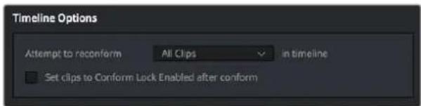 Timeline Options Attempt to reconform All Clips in timeline Set clips to Conform Lock Enabled after conform