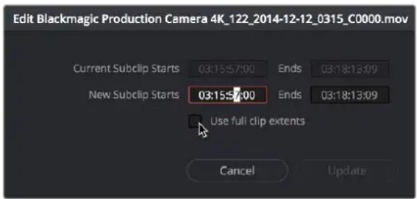 Edit Blackmagic Production Camera 4K_122_2014-12-12_0315_C0000.mov Current Subclip Starts 03:15:57:00 Ends 03:18:13:09 New Subclip Starts 03:15:57:00 Ends 03:18:13:09 Use full clip extents Cancel Update