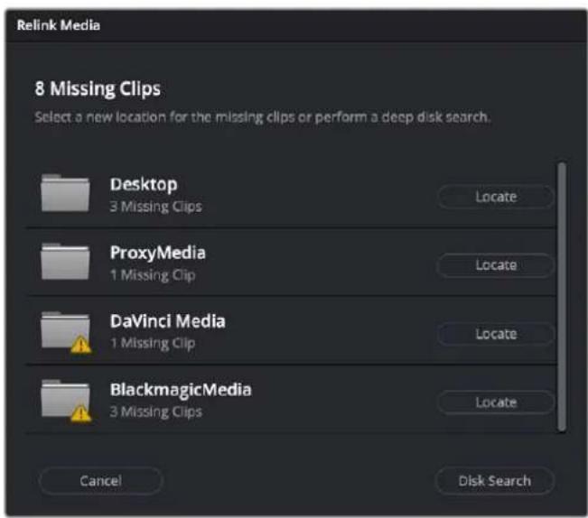 Relink Media 8 Missing Clips Select a new location for the missing clips or perform a deep disk search. Desktop 3 Missing Clips Locate ProxyMedia 1 Missing Clip Locate DaVinci Media 1 Missing Clip Locate BlackmagicMedia 3 Missing Clips Locate Cancel Disk Search