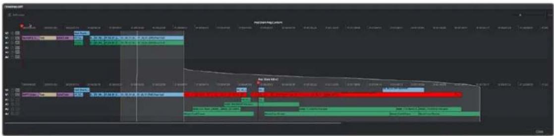 Screenshot of a video editing timeline interface showing tracks, clips, and timecode for audio or video content