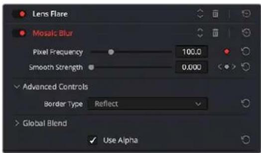 Lens Flare Mosaic Blur Pixel Frequency 100.0 Smooth Strength 0.000 Advanced Controls Border Type Reflect Global Blend Use Alpha