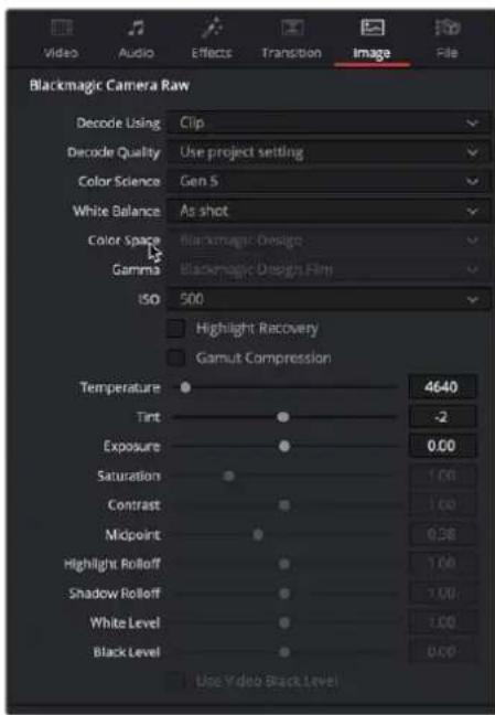 Video Audio Effects Transition Image File Blackmagic Camera Raw Decode Using Clip Decode Quality Use project setting Color Science Gen 5 White Balance As shot Color Space Blackmagic Design Gamma Blackmagic Design Film ISO 500 Highlight Recovery Gamut Compression Temperature 4640 Tint -2 Exposure 0.00 Saturation 1.00 Contrast 1.00 Midpoint 0.38 Highlight Rolloff 1.00 Shadow Rolloff 1.00 White Level 1.00 Black Level 0.00 Use Video Black Level