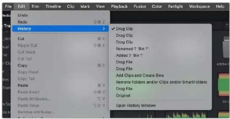 File Edit Trim Timeline Clip Mark View Playback Fusion Color Fairlight Workspace Help Undo Redo History Cut Ripple Cut Cut Head Cut Tail Copy Copy Head Copy Tail Paste Paste Insert Paste Attributes... Paste Value Remove Attributes... ✓ Drag Clip Drag Clip Drag Clip Renamed ? 'Bin 1' Added ? 'Bin 1' Drag File Drag File Add Clips and Create Bins Remove Folders and/or Clips and/or SmartFolders Drag File Original Open History Window