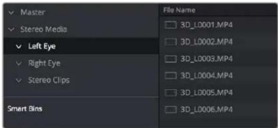 Master Stereo Media Left Eye Right Eye Stereo Clips Smart Bins File Name 3D_L0001.MP4 3D_L0002.MP4 3D_L0003.MP4 3D_L0004.MP4 3D_L0005.MP4 3D_L0006.MP4