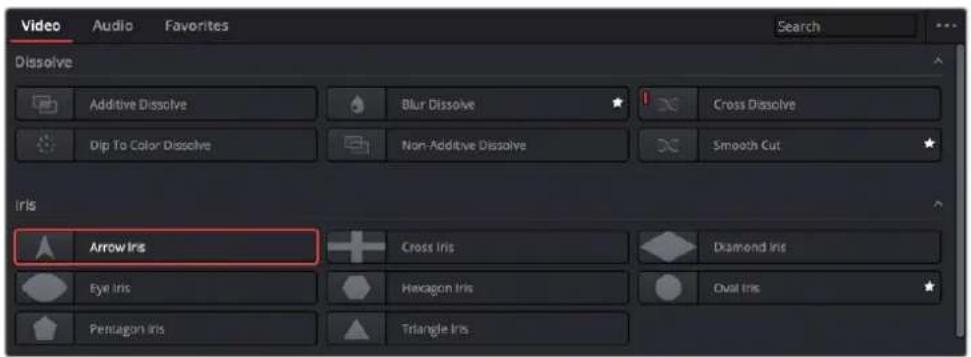 Video Audio Favorites Search Dissolve Additive Dissolve Blur Dissolve Cross Dissolve Dip To Color Dissolve Non-Additive Dissolve Smooth Cut Iris Arrow Iris Cross Iris Diamond Iris Eye Iris Hexagon Iris Oval Iris Pentagon Iris Triangle Iris