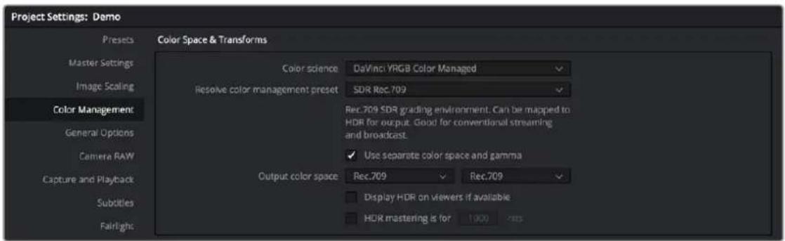 Project Settings: Demo Presets Master Settings Image Scaling Color Management General Options Camera RAW Capture and Playback Subtitles Fairlight Color Space & Transforms Color science DaVinci YRGB Color Managed Resolve color management preset SDR Rec.709 Rec.709 SDR grading environment. Can be mapped to HDR for output. Good for conventional streaming and broadcast. ✓ Use separate color space and gamma Output color space Rec.709 ✓ Rec.709 □ Display HDR on viewers if available □ HDR mastering is for 1000 mm