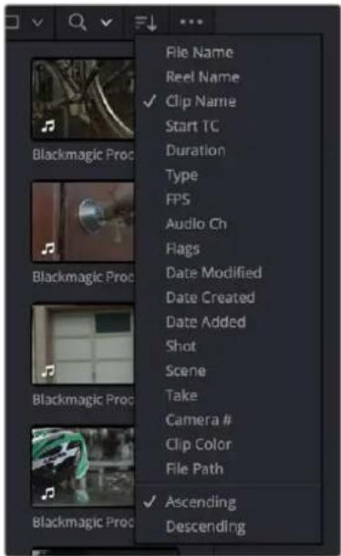File Name Reel Name ✓ Clip Name Start TC Duration Type FPS Audio Ch Flags Date Modified Date Created Date Added Shot Scene Take Camera # Clip Color File Path ✓ Ascending Descending