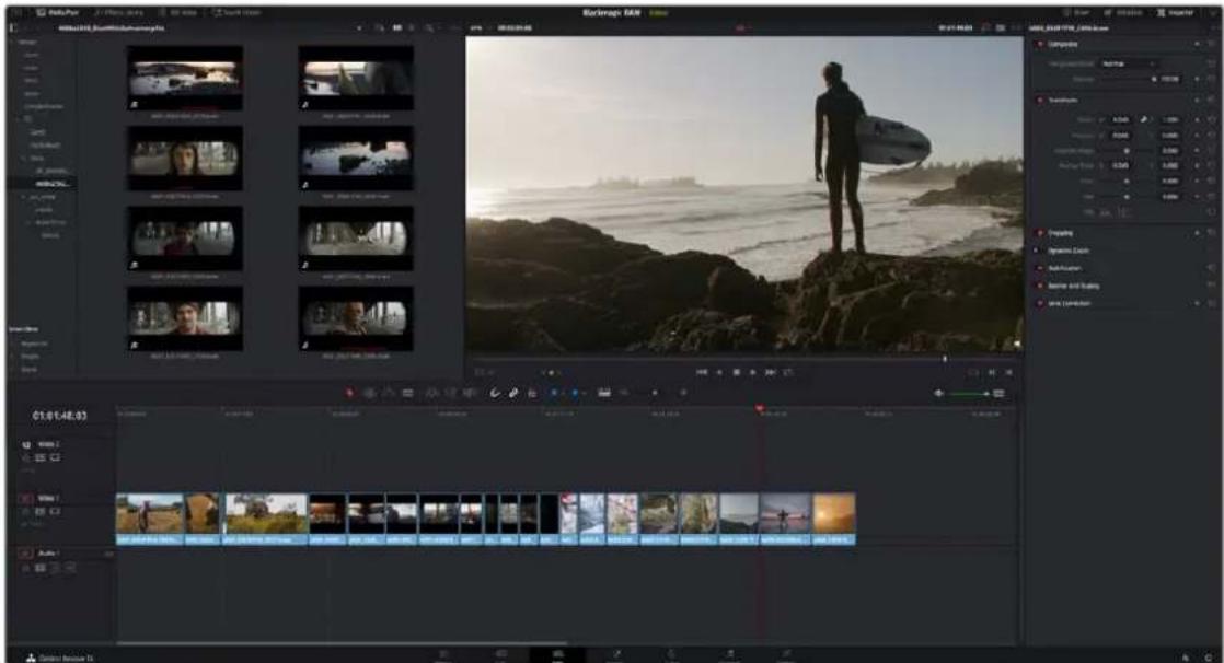 Screenshot of a video editing software interface showing a coastal scene with a person holding a surfboard, surrounded by multiple video thumbnails and timeline controls.