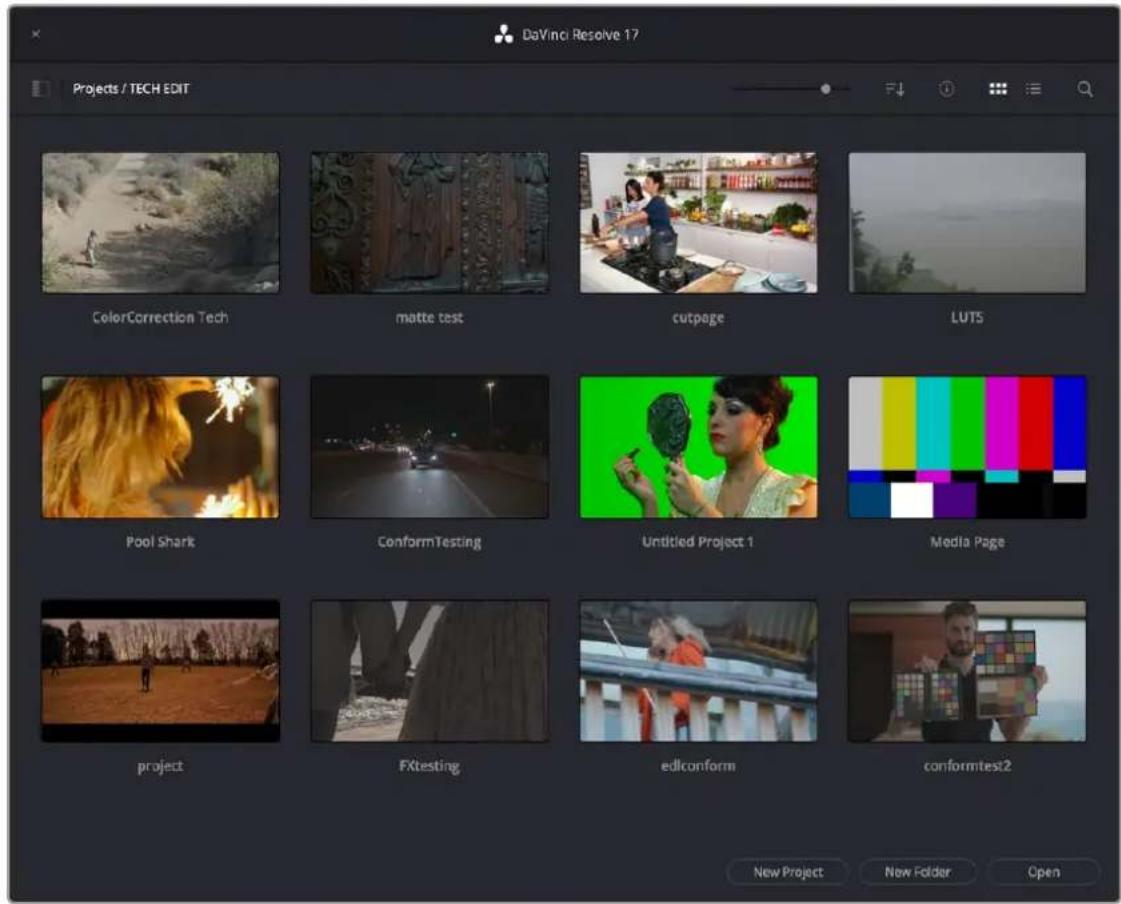 DaVinci Resolve 17 Projects / TECH EDIT ColorCorrection Tech matte test cutpage LUTS Pool Shark ConformTesting Untitled Project 1 Media Page project FXtesting edlconform conformtest2 New Project New Folder Open