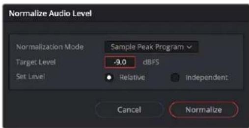 Normalize Audio Level Normalization Mode Sample Peak Program Target Level -9.0 dBFS Set Level Relative Independent Cancel Normalize