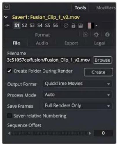 Saver1: Fusion_Clip_1_v2.mov S1 S2 S3 S4 S5 S6 Format File Audio Export Legal Filename 3c51057ce/fusion/Fusion_Clip_1_v2.mov Browse ✓ Create Folder During Render Create Output Forma QuickTime Movies Process Mode Auto Save Frames Full Renders Only □ Saver-relative Numbering Sequence Offset 0