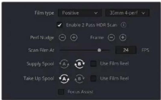 Film type Positive 35mm 4-perf Enable 2 Pass HDR Scan Perf Nudge Frame Scan Film At 24 FPS Supply Spool A B Use Film Reel Take Up Spool A B Use Film Reel Focus Assist